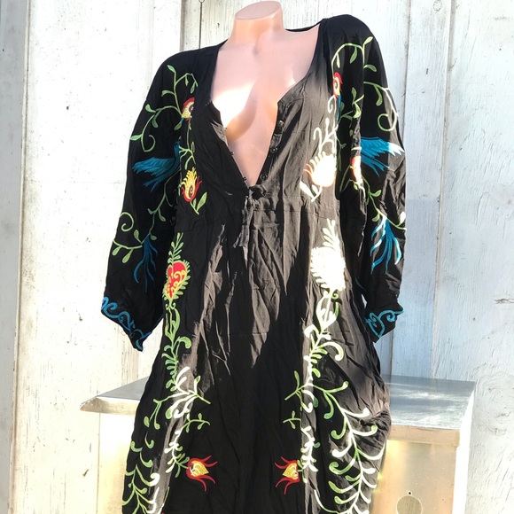 Black bird floral embroidered kaftan Bohemian gypsy magical poncho robe dress - Picture 5 of 8